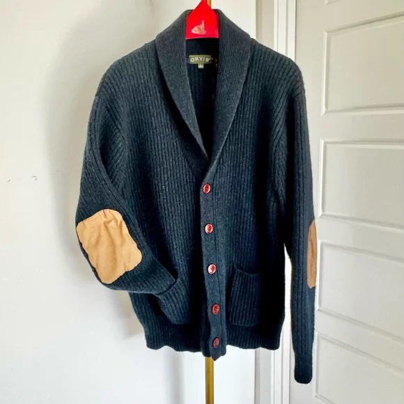 Men’s Grandpacore Navy Blue Ribbed Wool Shawl Collar Cardigan Elbow Patch Sz XL - Picture 1 of 12